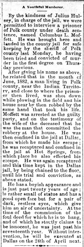 Moffatt, Columbus Execution Story - Encyclopedia of Arkansas