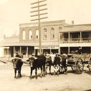 Oxen-drawn wagon in front of storefront buildings on dirt street