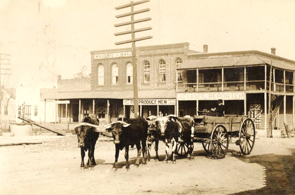 Oxen-drawn wagon in front of storefront buildings on dirt street