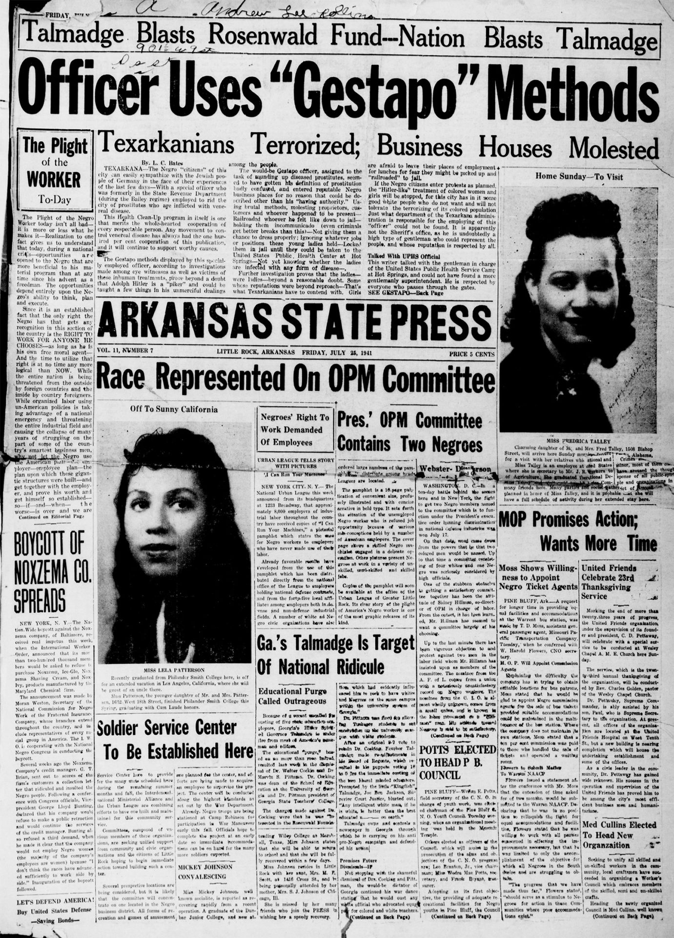 Newspaper front page "Arkansas State Press"