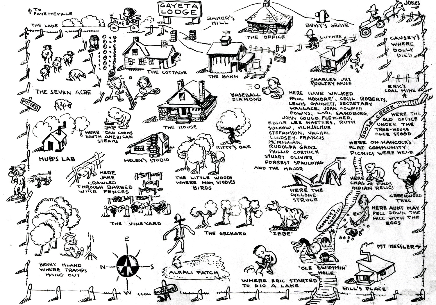 Hand-drawn map with various icons throughout