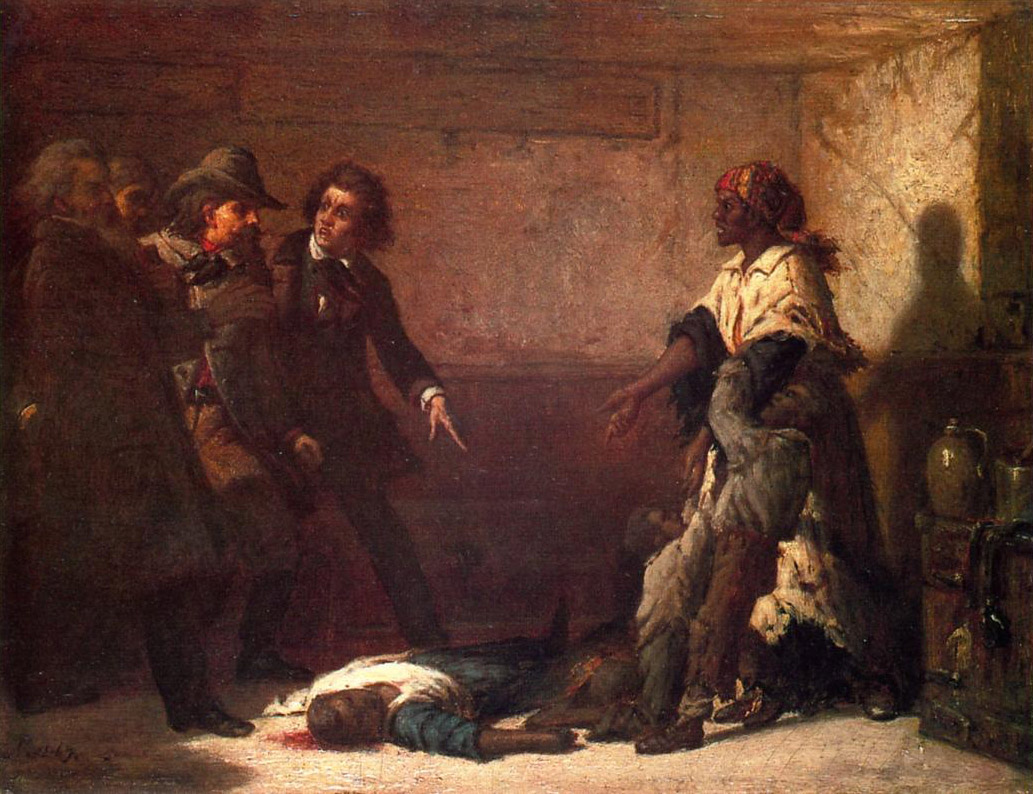 African American woman pointing at a dead African American man on the floor