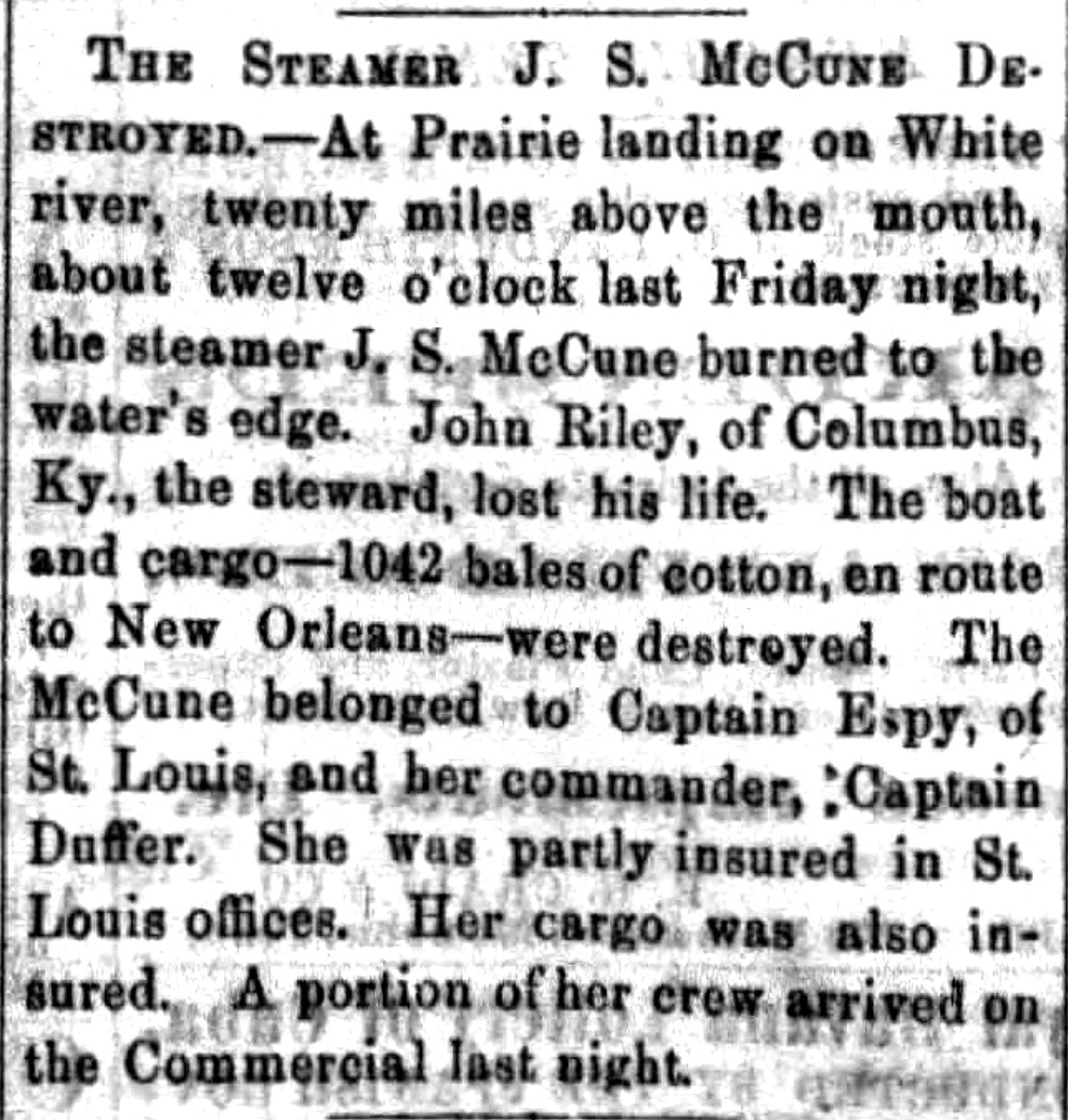 "The Steamer J. S. McCune Destroyed" newspaper clipping