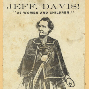 Drawing of white man in flowing jacket and skirt holding large knife. At the bottom it says "Is not your Government more magnanimous than to hunt down women and children?"