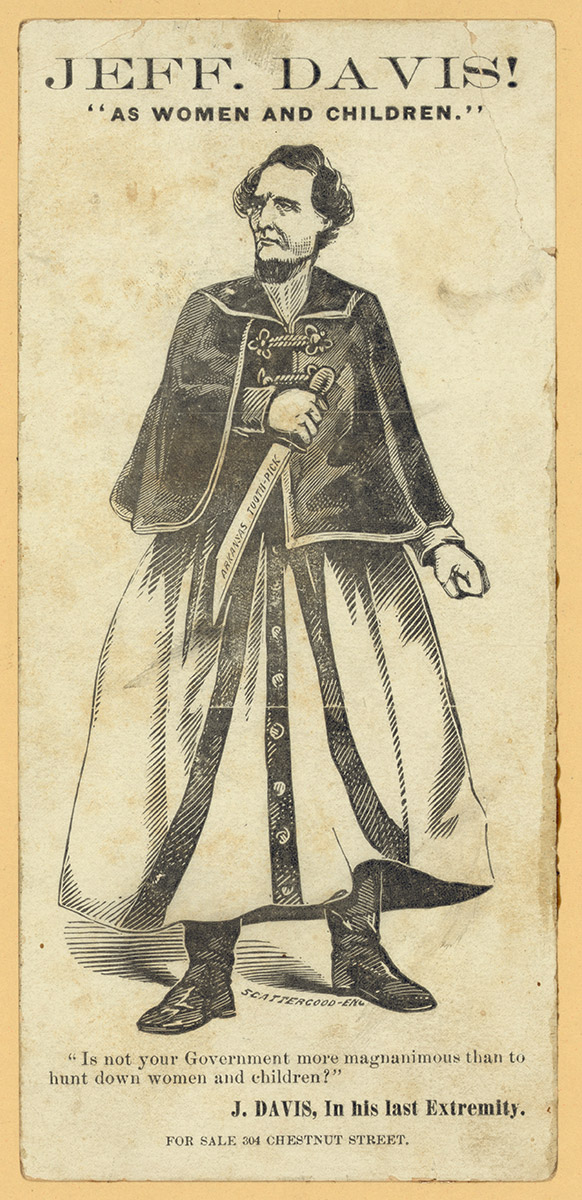 Drawing of white man in flowing jacket and skirt holding large knife. At the bottom it says "Is not your Government more magnanimous than to hunt down women and children?"