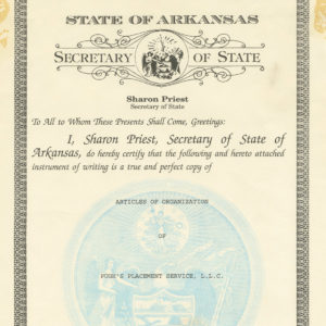 Secretary of State paper document showing articles of organization