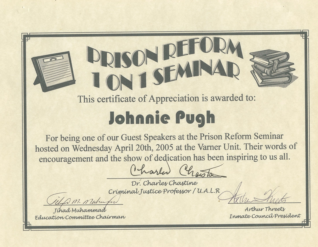 Certificate paper showing "Prison Reform 1 on 1 Seminar"