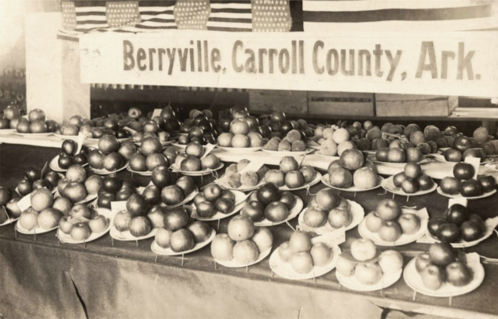 plates with apples under a flag and a sign saying "Berryville