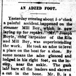 "An adzed foot" newspaper clipping