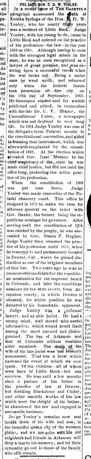 "The Late Honorable T. D. W. Yonley" newspaper clipping