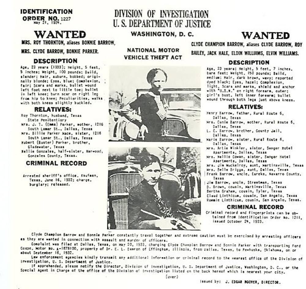 Wanted poster featuring white man and white woman posing by automobiles