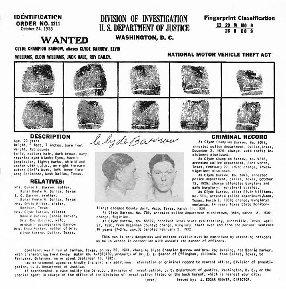 Wanted poster featuring mug shots of white man and fingerprints