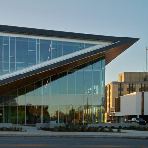 Large rhomboid shaped glass building