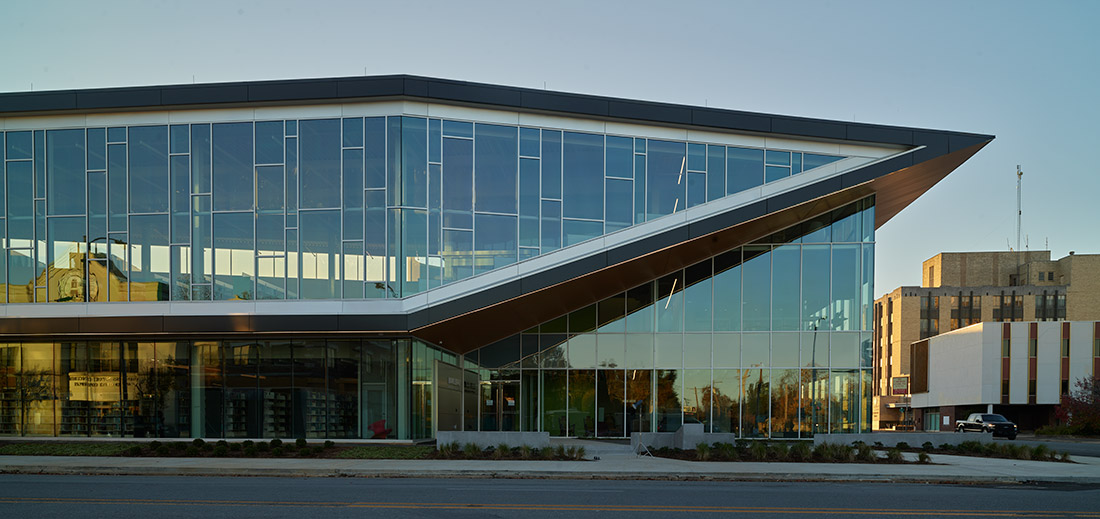 Large rhomboid shaped glass building