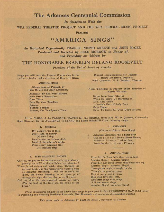 Flyer saying "The Arkansas Centennial Commission in association with the WPA...Presents American Sings"