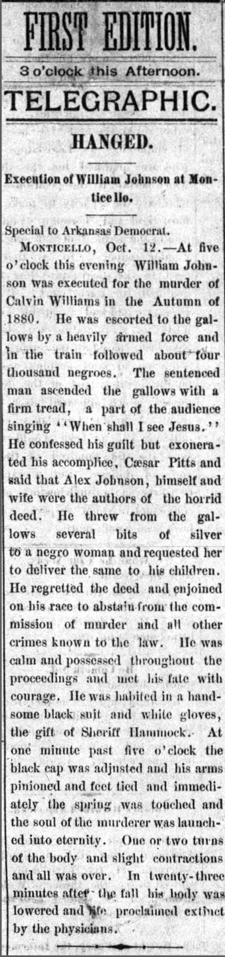 Newspaper clipping with headline "Execution of William Johnson at Monticello"