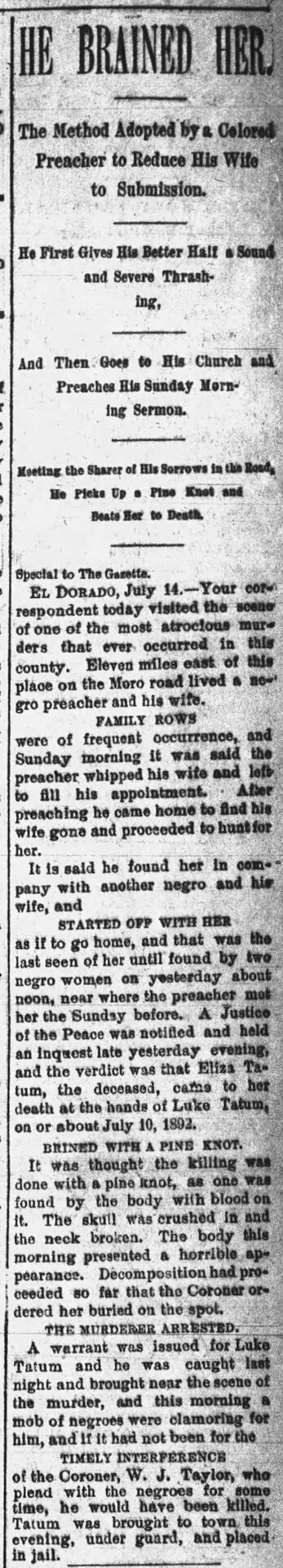 "He Brained Her" newspaper clipping