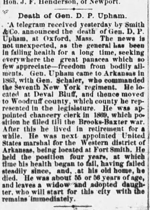 "Death of Gen. D.  P. Upham" newspaper clipping