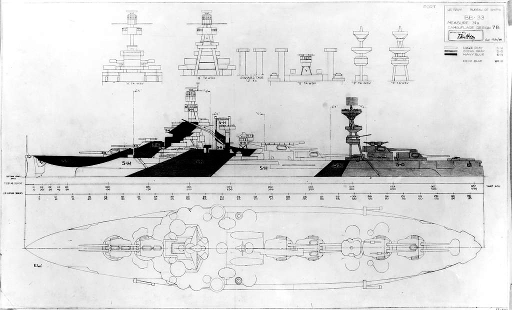 black and white drawing of a military ship showing side and top