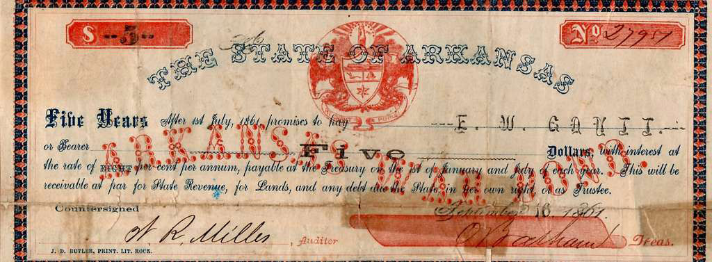 Five dollar scrip from Arkansas on white paper with blue and red ink