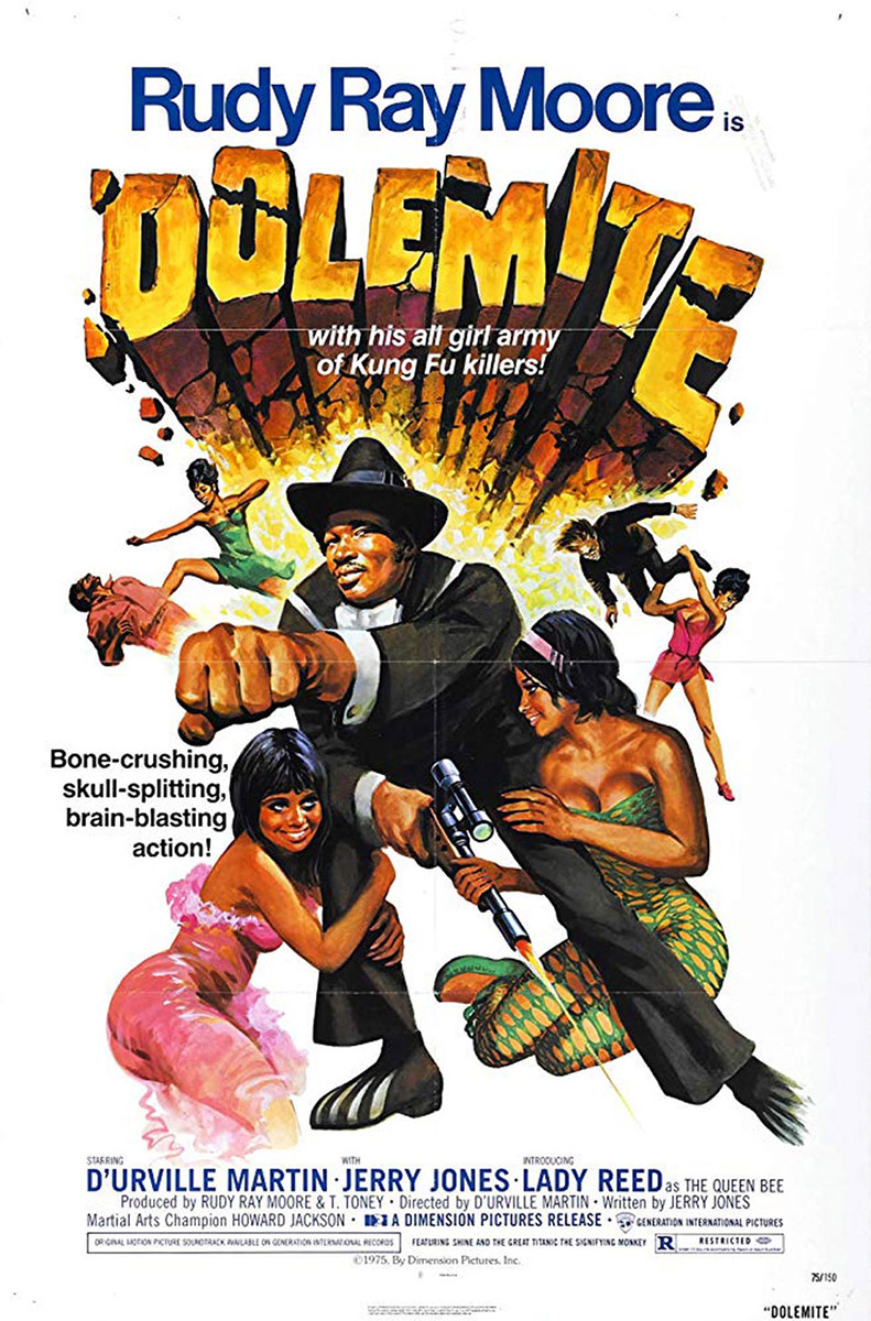 Film poster advertising the film Dolemite showing African Americans fighting in front of the crumbling word "dolemite" and the words "Dolemite with his all girl army of Kung Fu killers"