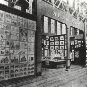 Displays of photographs inside large hall