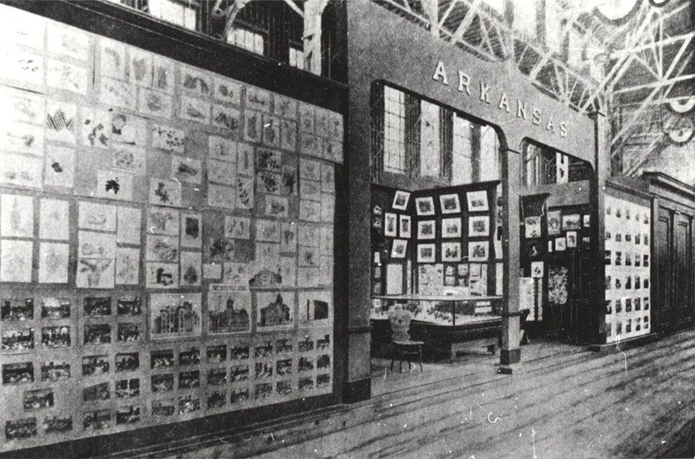 Displays of photographs inside large hall