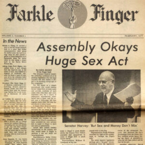 Newspaper front page with headline saying "Assembly Okays Huge Sex Act"