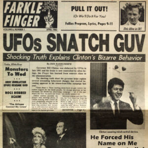 Newspaper front page with headline saying "UFOs Snatch Guv"