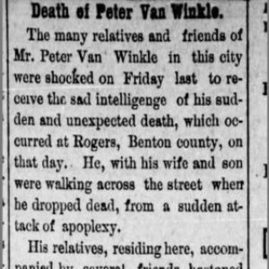 Newspaper clipping with headline "Death of Peter Van Winkle"