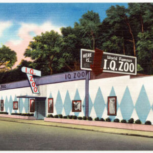 Postcard showing one story building with a blue diamond design and a sign saying "I.Q. Zoo"