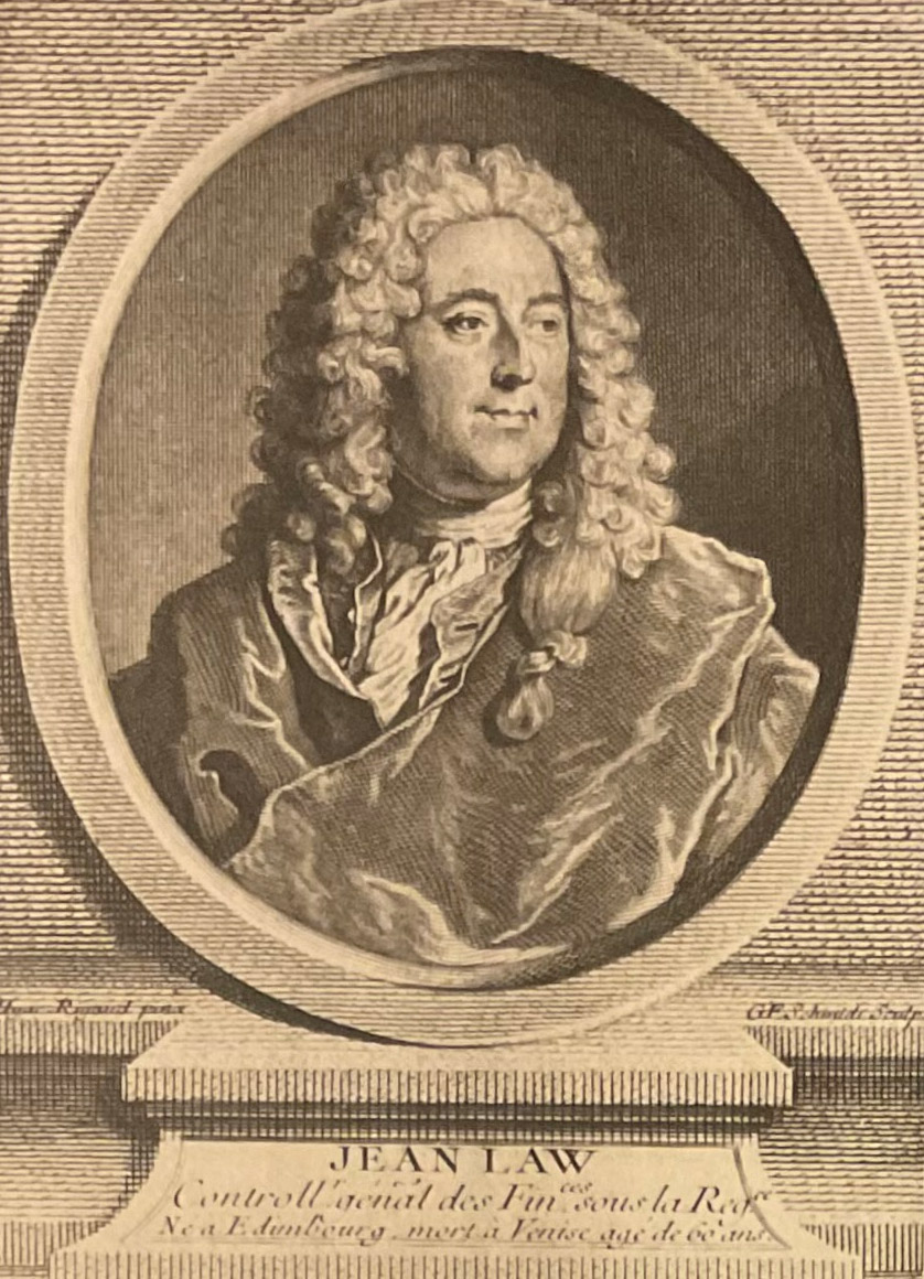 Portrait of white man with wig with name reading "Jean Law"