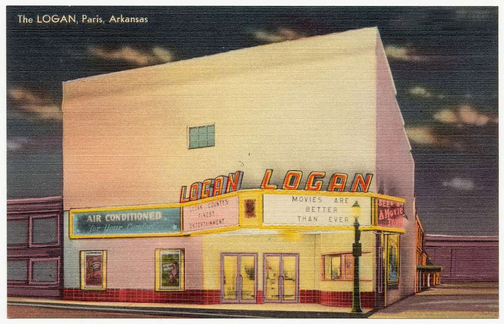 Postcard with theater on the front and text reading "The Logan
