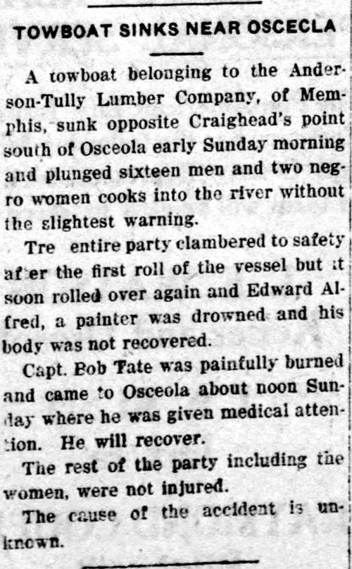 "Towboat sinks near Osceola" newspaper clipping