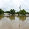 Buildings partially submerged by floodwaters
