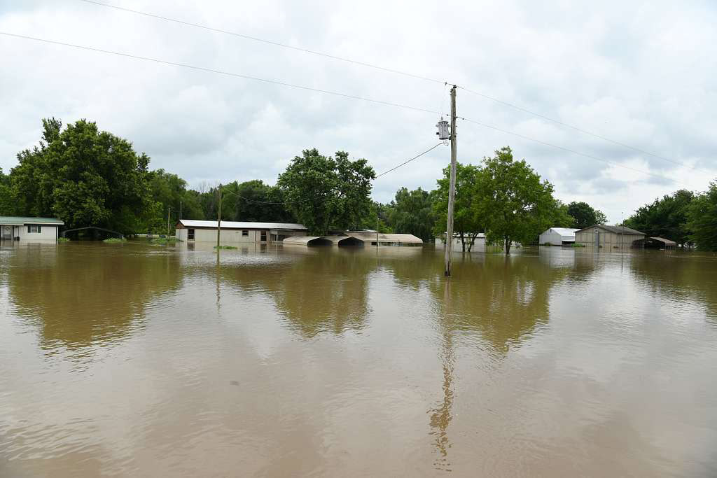 Buildings partially submerged by floodwaters