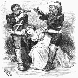 Cartoon featuring two white men with guns battling over one white woman wearing a sash saying "Arkansas"