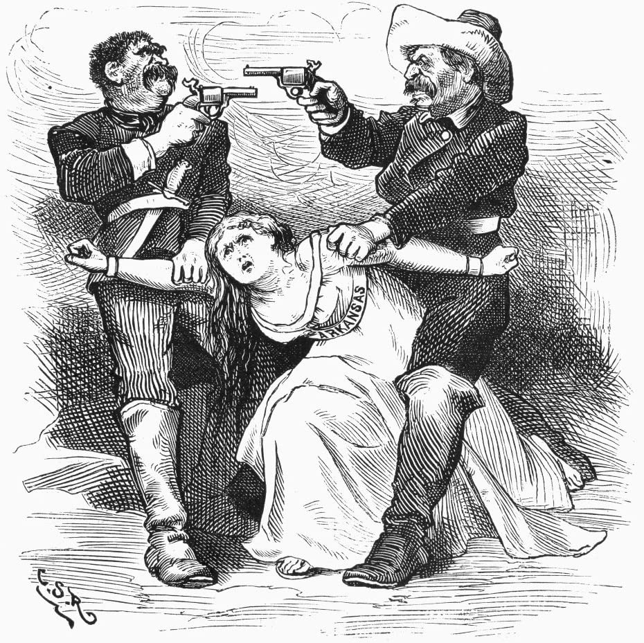Cartoon featuring two white men with guns battling over one white woman wearing a sash saying "Arkansas"