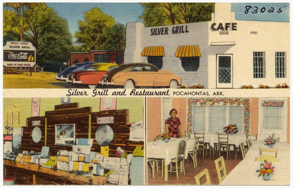 colorful depiction of restaurant building with cars parked outside and of the interior with tables and counter
