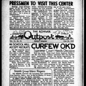 Newspaper front page "Rohwer Outpost" with headline saying "pressmen to visit this center"