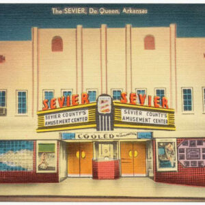 Postcard with theater on the front with text reading "The Sevier