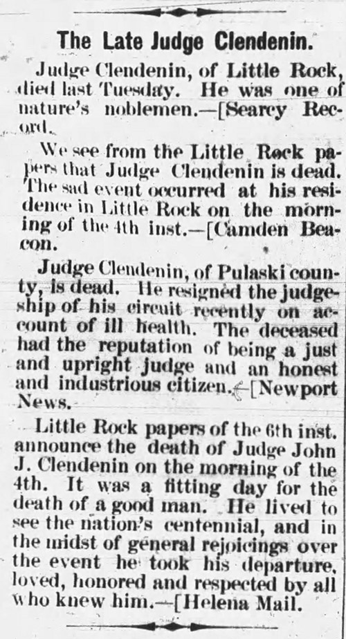"The Late Judge Clendenin" newspaper clipping