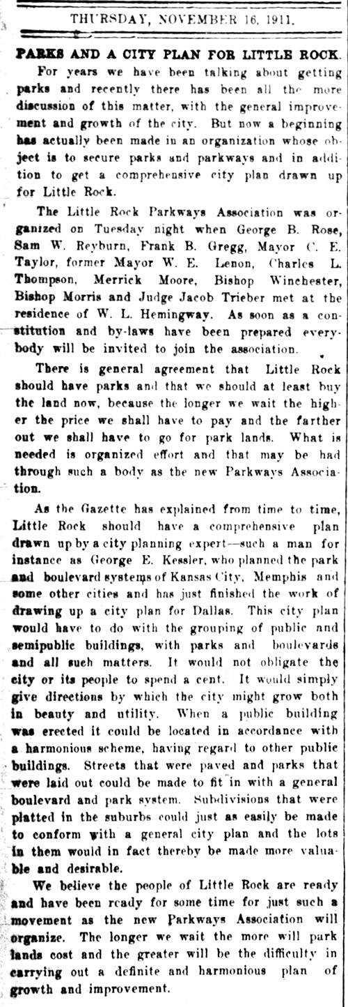 "Parks and a city plan for Little Rock" newspaper clipping