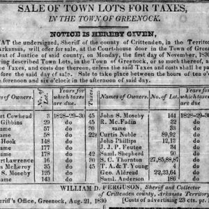 "Sale of town lots for taxes" newspaper advertisement