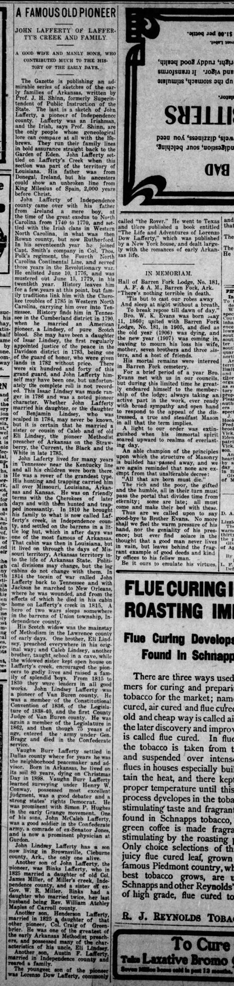 "A Famous Old Pioneer" newspaper clipping