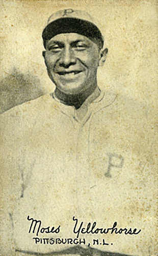 Native American in baseball uniform with "Moses Yellowhorse