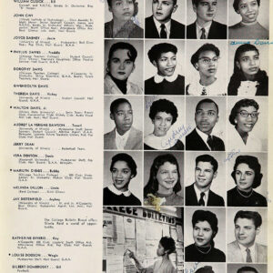 Yearbook page featuring white and African American young men and women