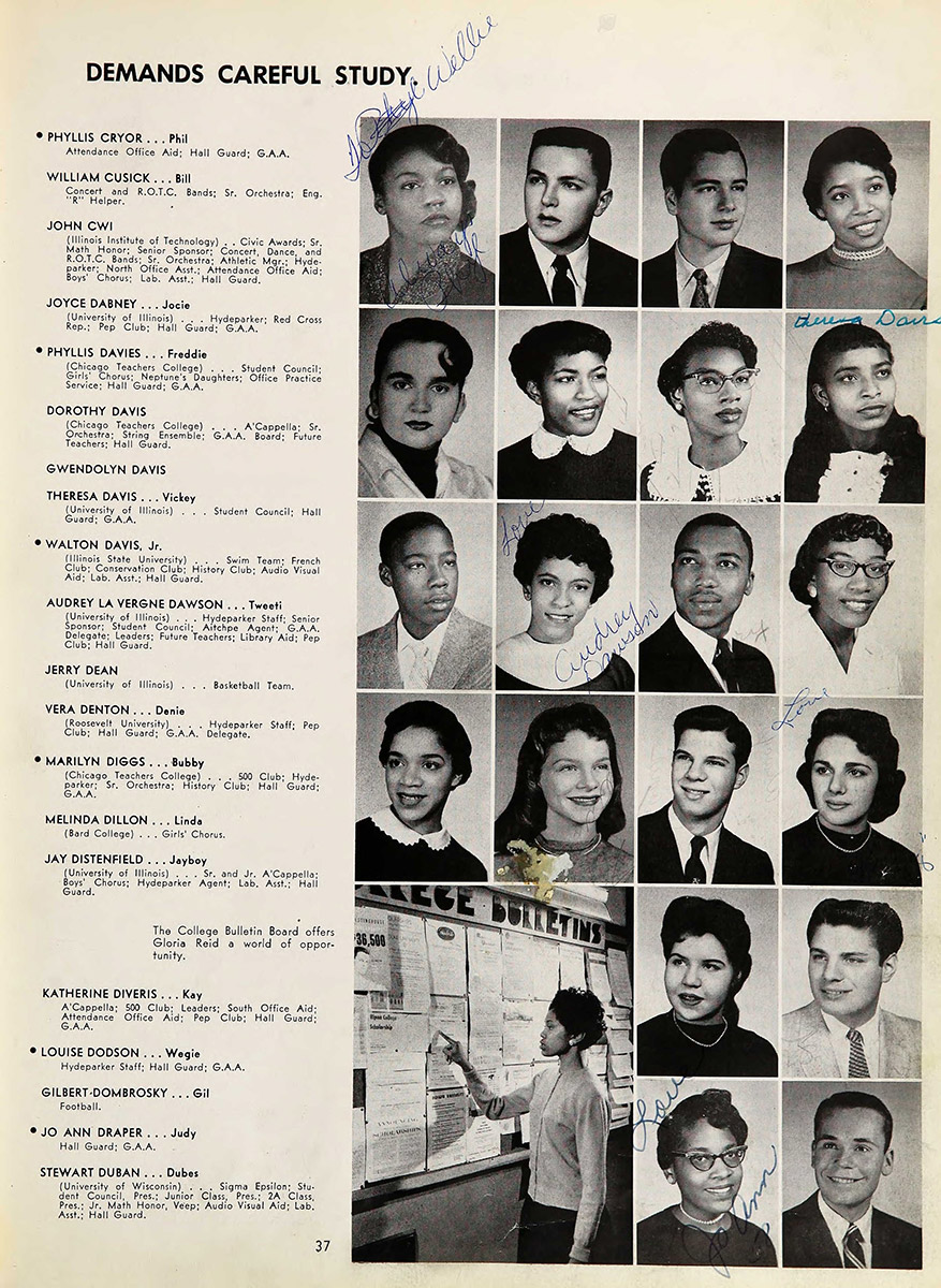 Yearbook page featuring white and African American young men and women
