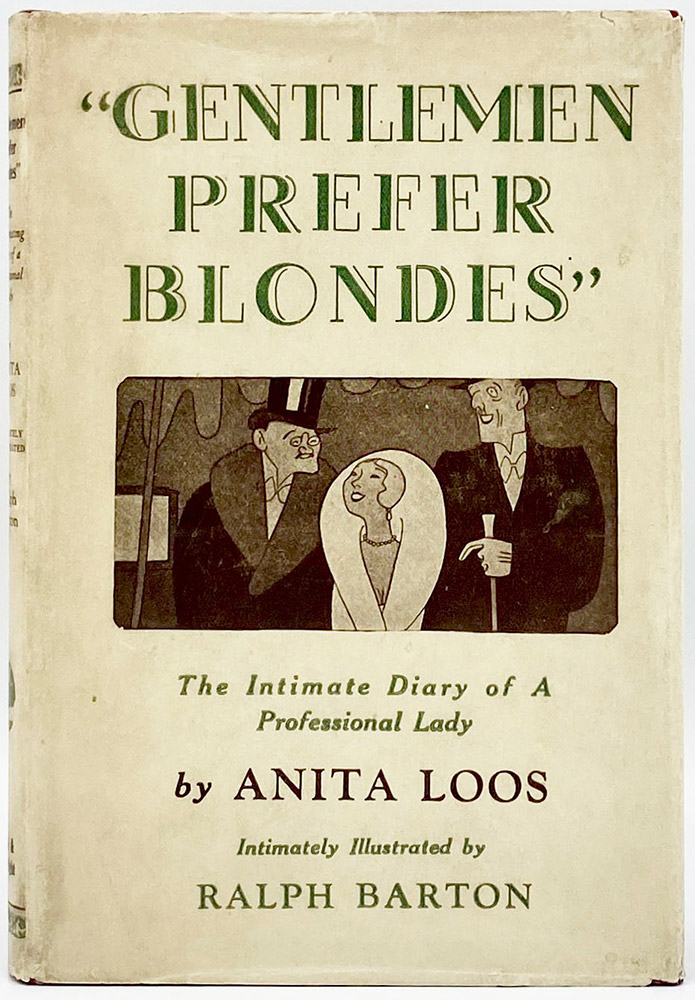Book cover "Gentlemen Prefer Blondes" showing a blond woman with men in top hats on each side of her