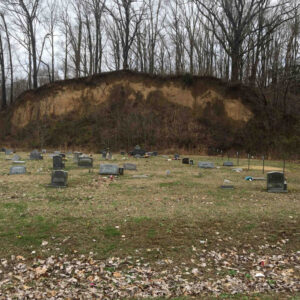 Gravestones on flat earth with tree-covered hill in background